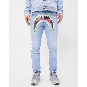 ETERNITY BCAD Mens Light Wash Shark Mouth Distressed Slim Fit Jeans Size 34